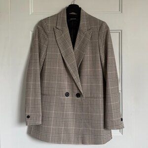 Zara Double Breasted Black & Tan Plaid Blazer Size XS